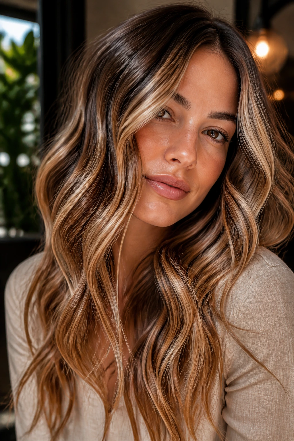 Portrait of a real woman with highlighted wavy hair