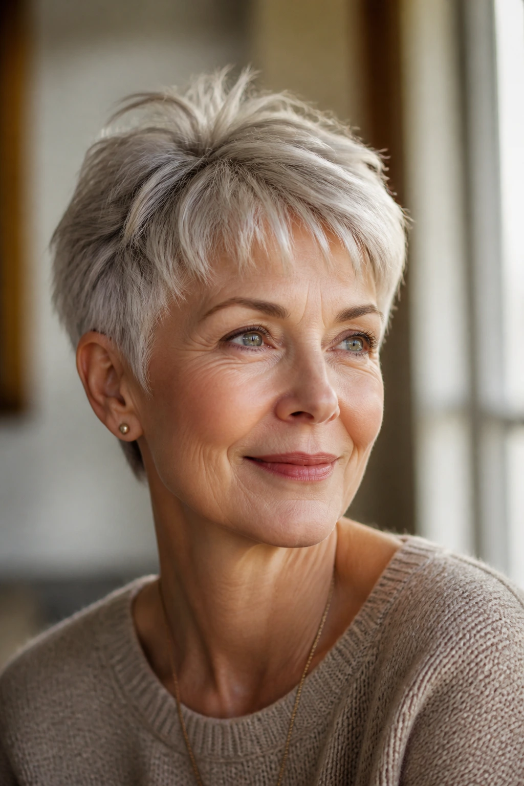 Real woman with styled pixie showing crown lift and light fringe.