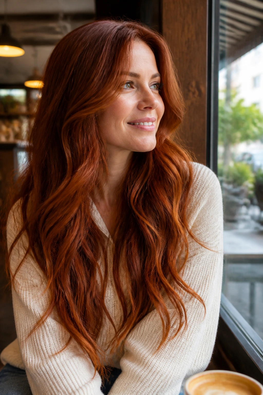 Real woman with long red hair wearing casual daily life hairstyle in cafe