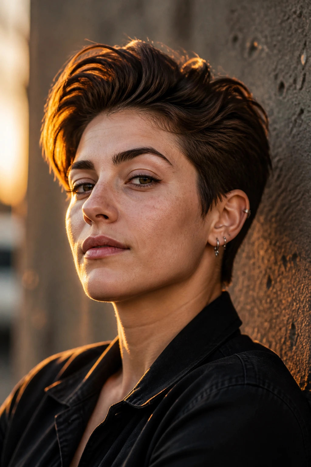 Woman with structured short haircut styled for volume outdoors at golden hour