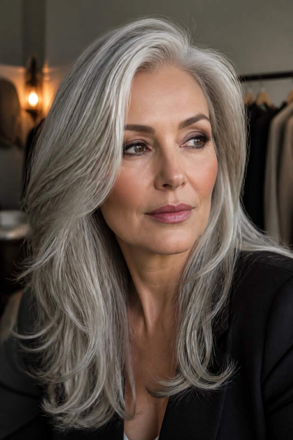 Close-up of a person with defined makeup and silver hair