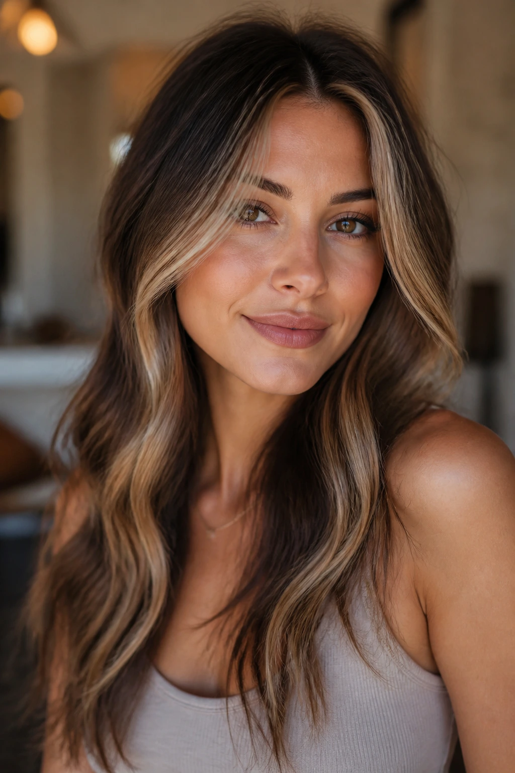 Portrait of a woman with money piece visible in loose waves styling