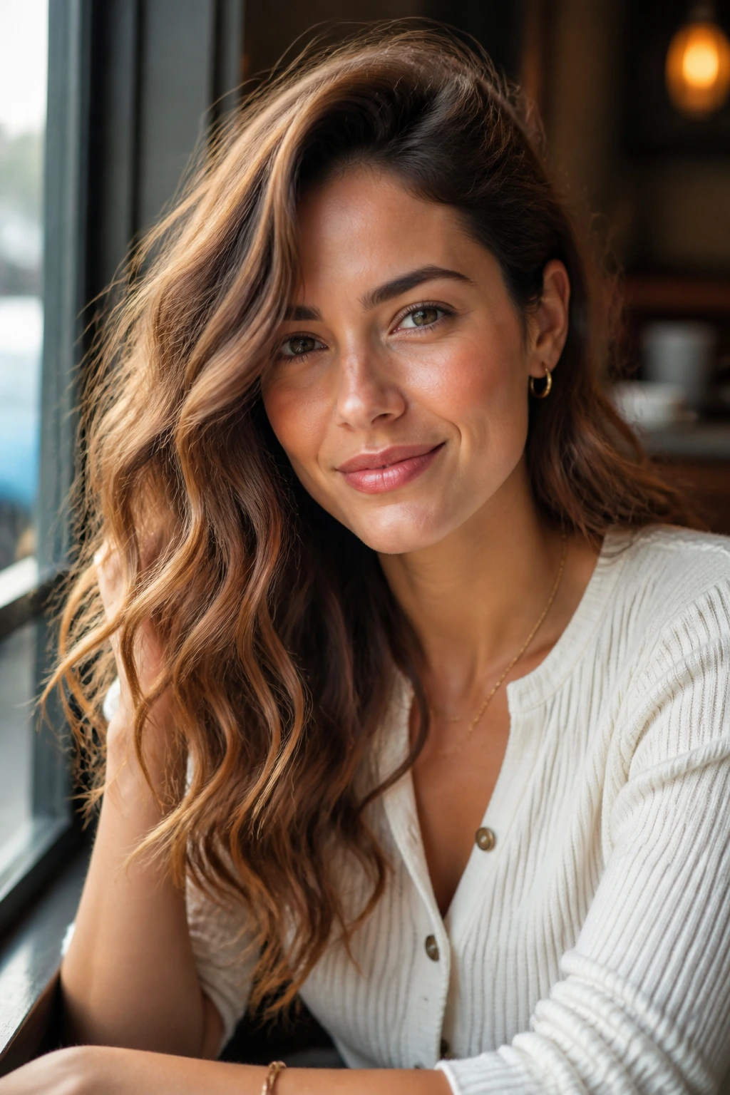 Close-up of a woman wearing beachy waves with one ear tucked