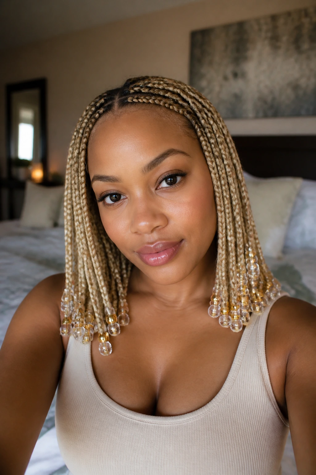 Close-up portrait of woman with blonde braids and beads placed as subtle accents