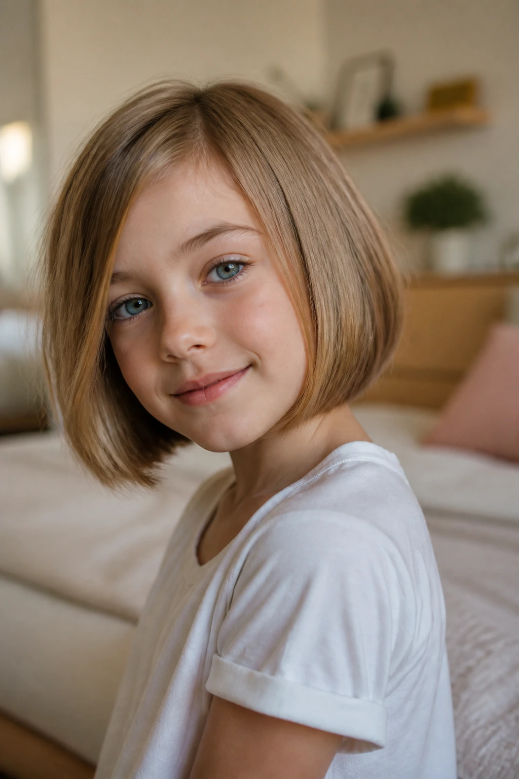 Close-up of a child with a bob haircut illustrating wearability.