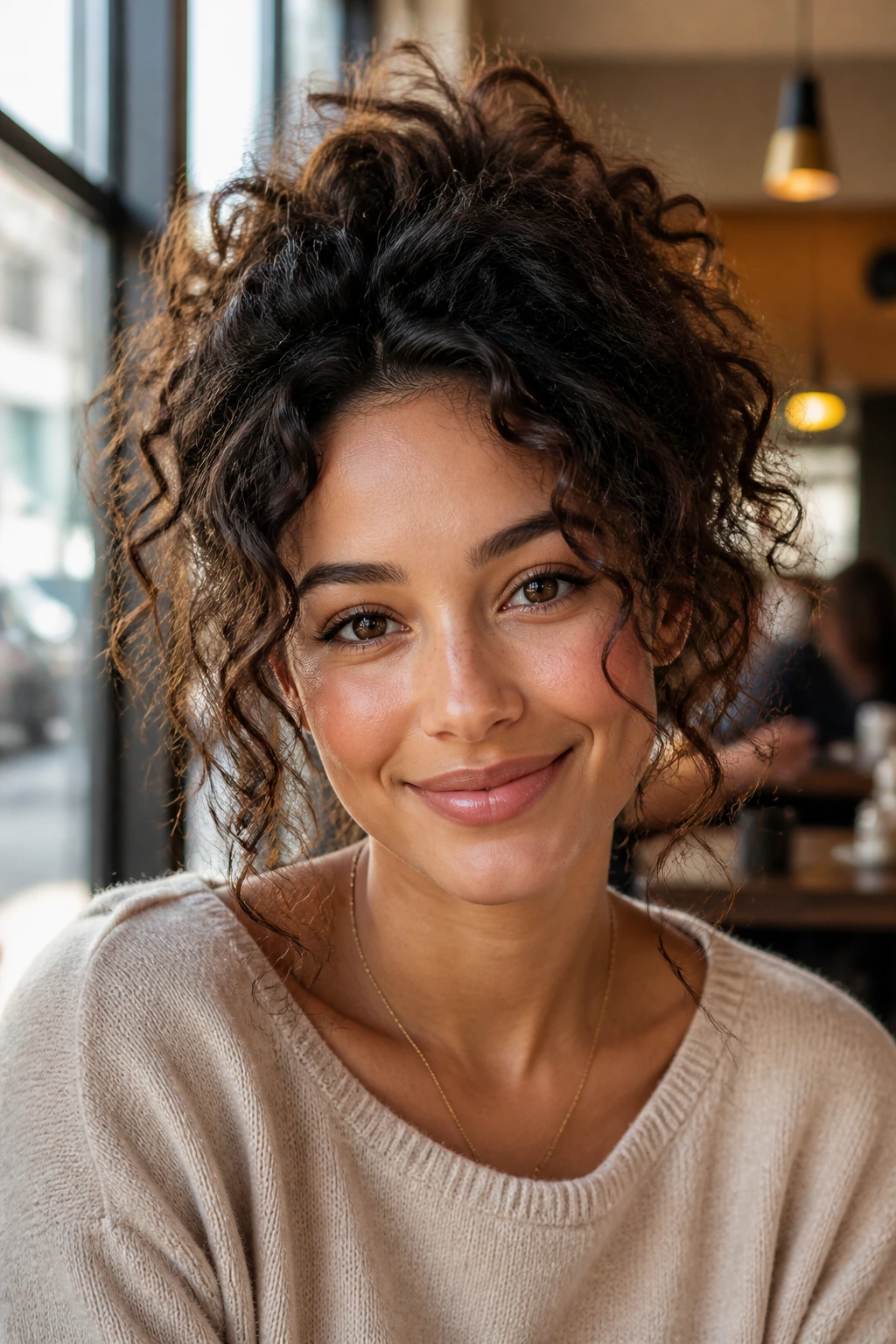 Portrait of a real woman wearing a crown-lift curly hairstyle with face-framing curls in a cozy cafe.