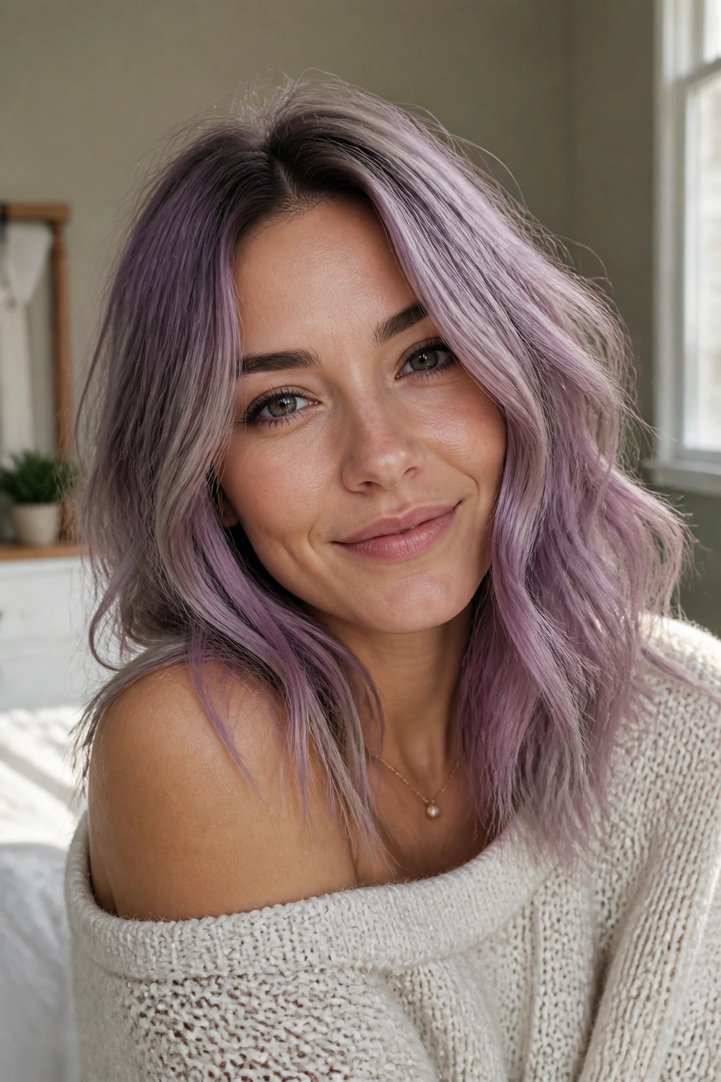 Portrait of a real woman with wearable purple hair tones in a cozy window-lit setting