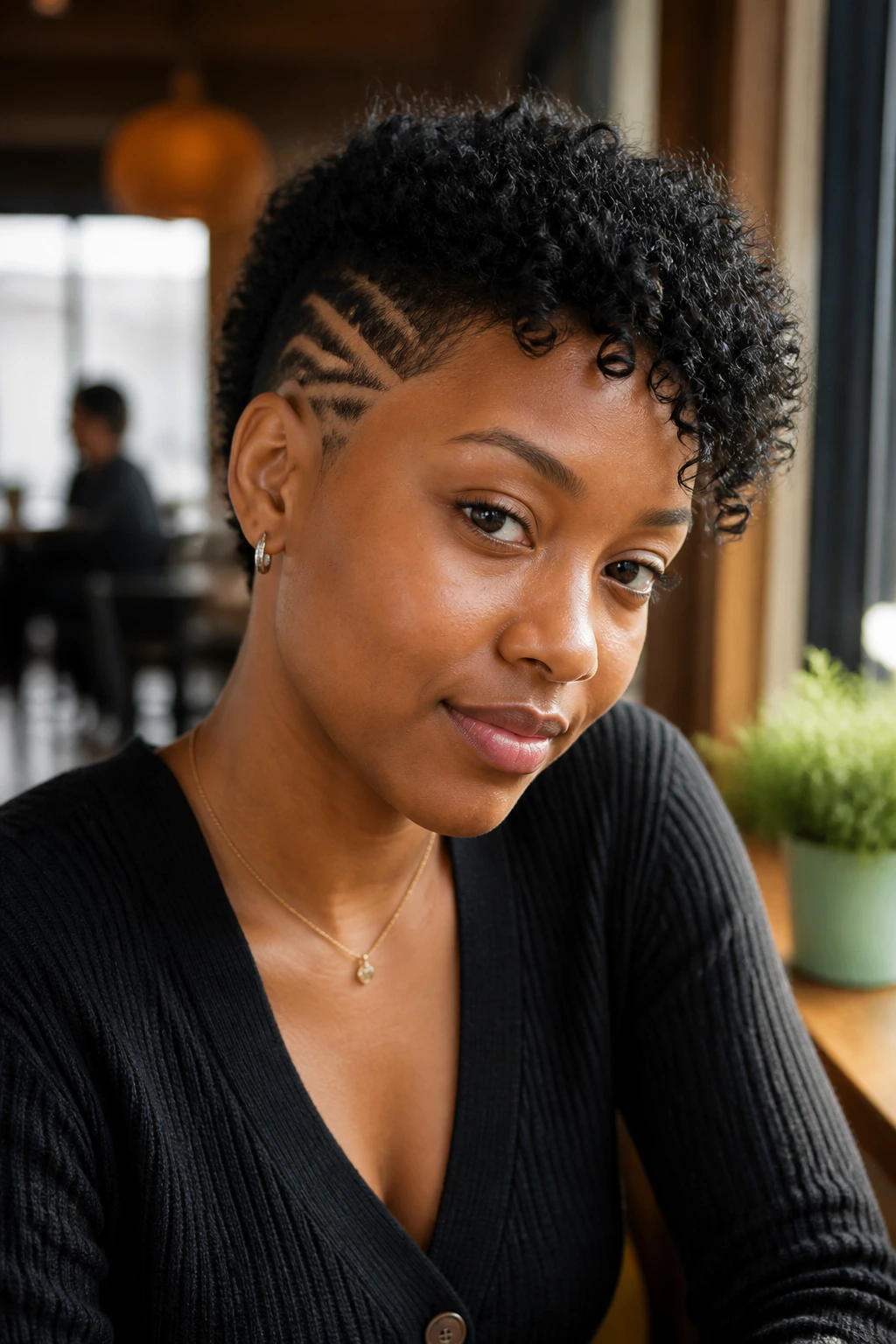 Portrait of a Black woman wearing a shaved design in an everyday style.