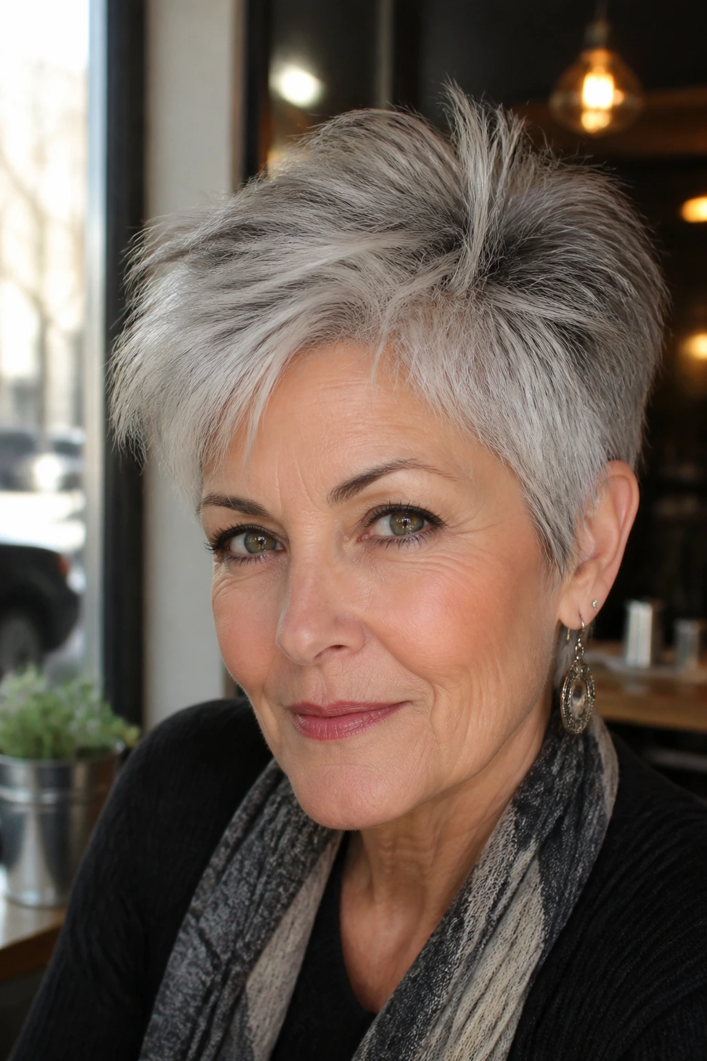 Portrait of a woman with a pixie-style short silver haircut in a daytime setting