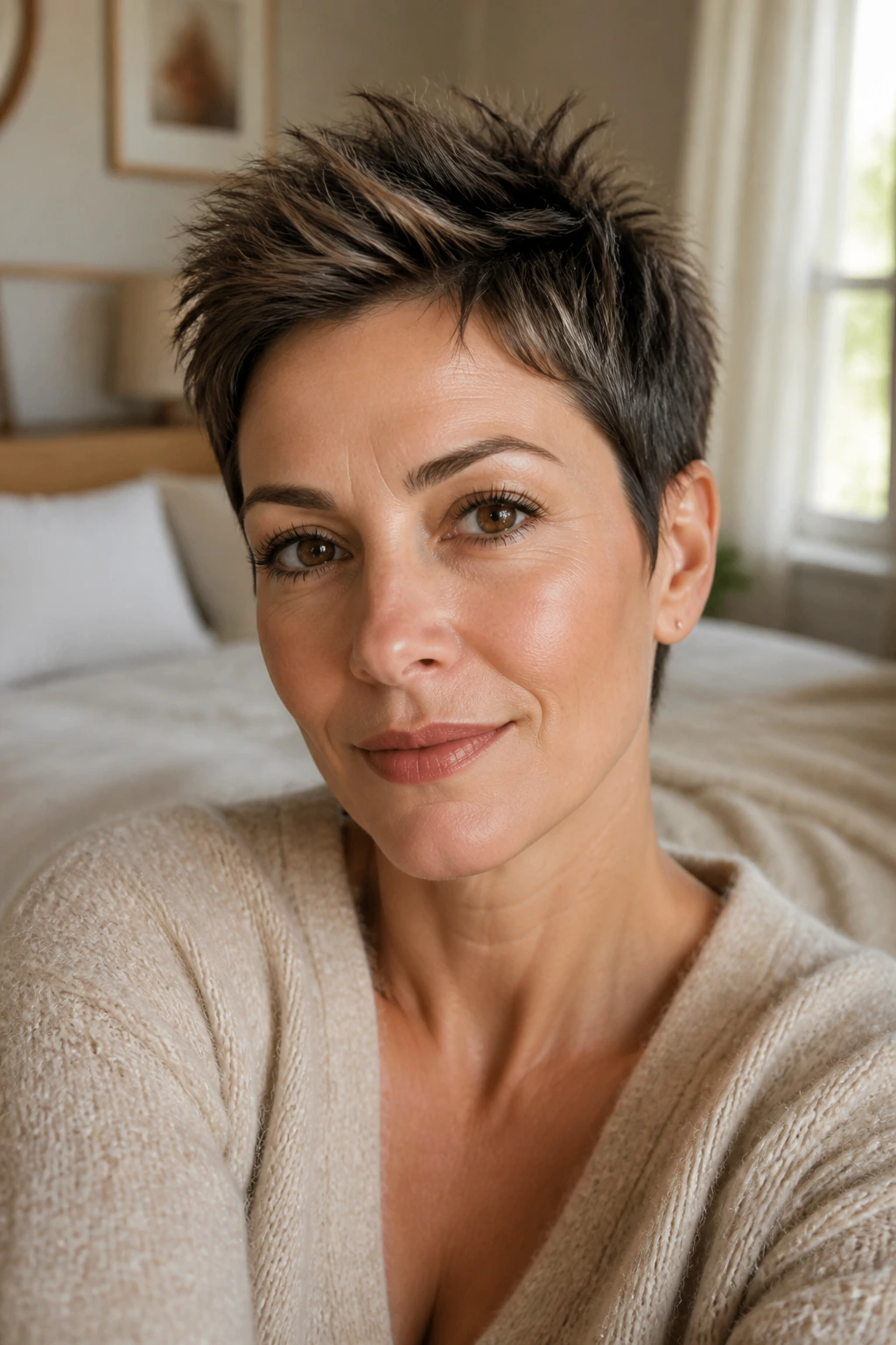 Close-up portrait of a real woman wearing a wearable spiky hairstyle in natural light
