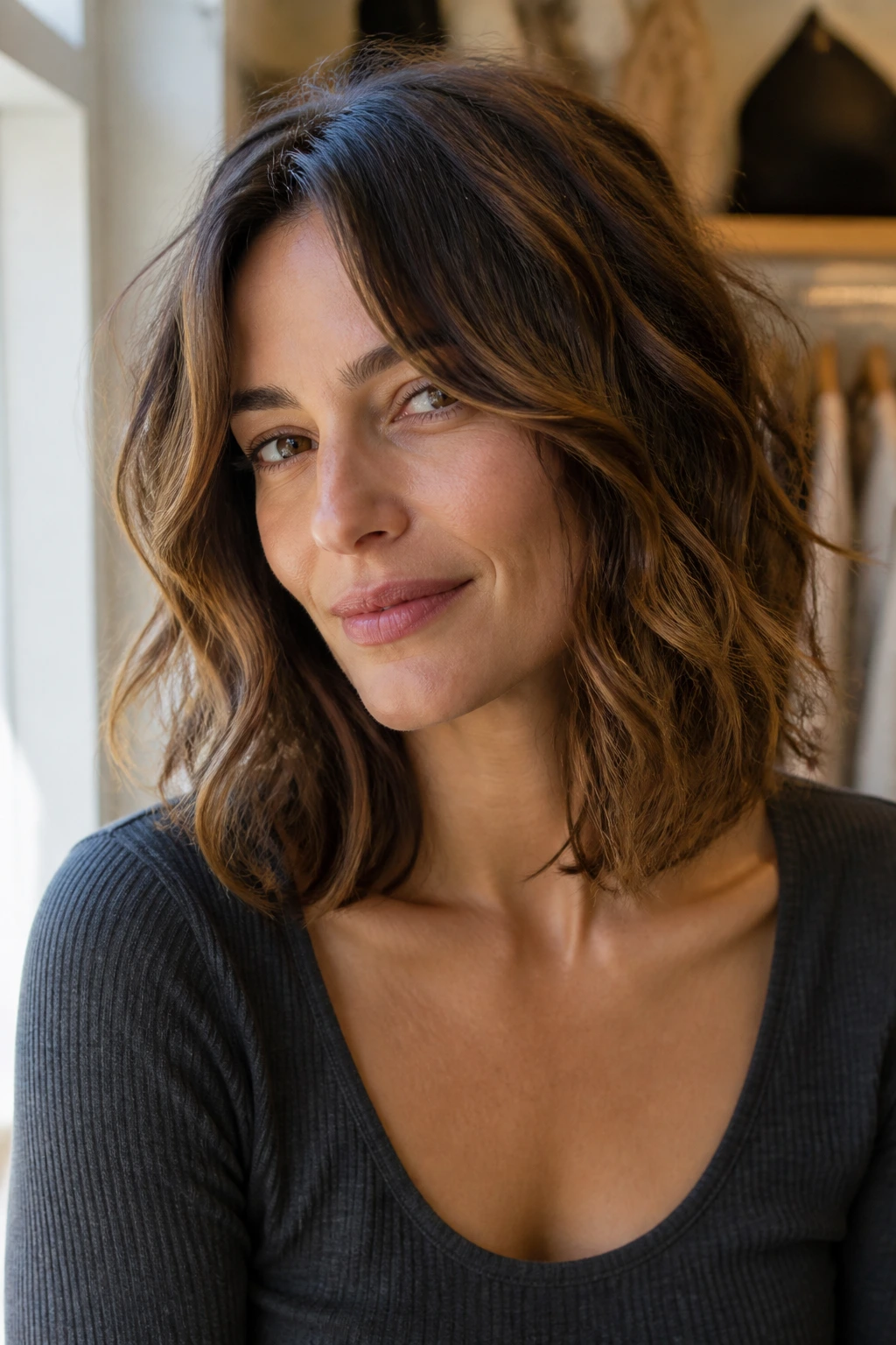 Close-up of a real woman with shoulder-grazing waves in warm light