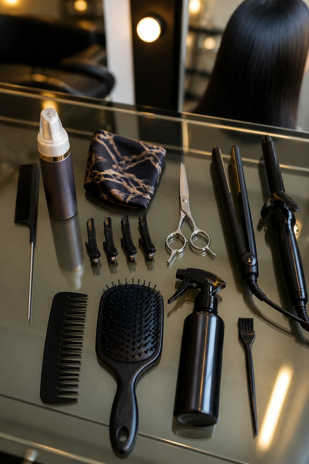Close-up of essential weaving tools on a salon counter including rattail comb, mousse, scarf, clips, shears, irons and brushes