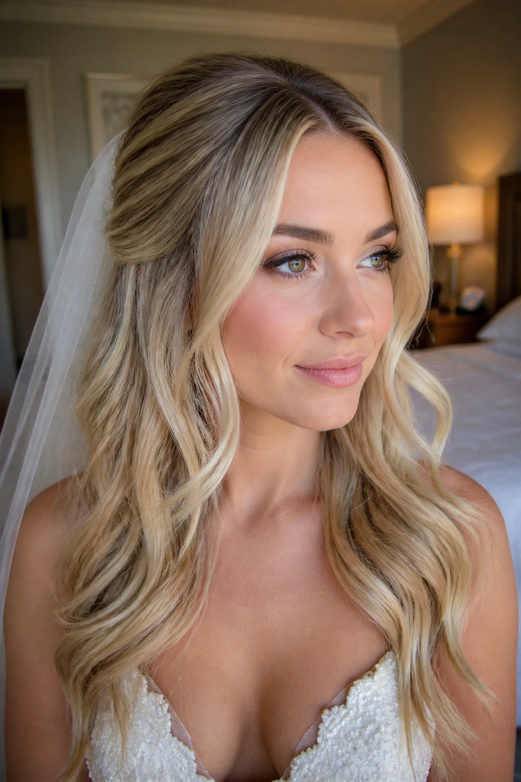 Close-up of bride's hair showing tone, depth, and placement in wedding blonde