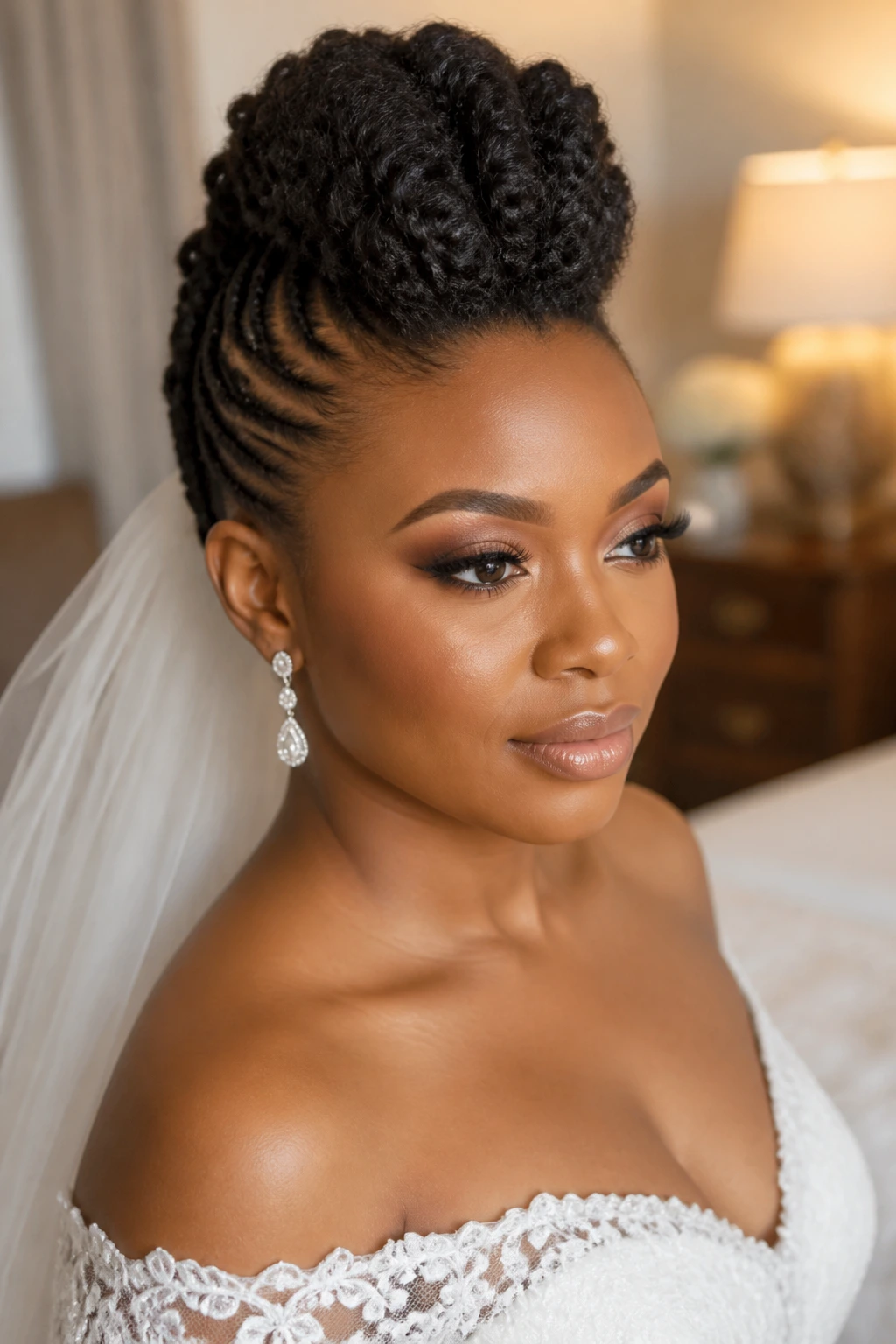 Bride with wedding frohawk updo in a bridal suite