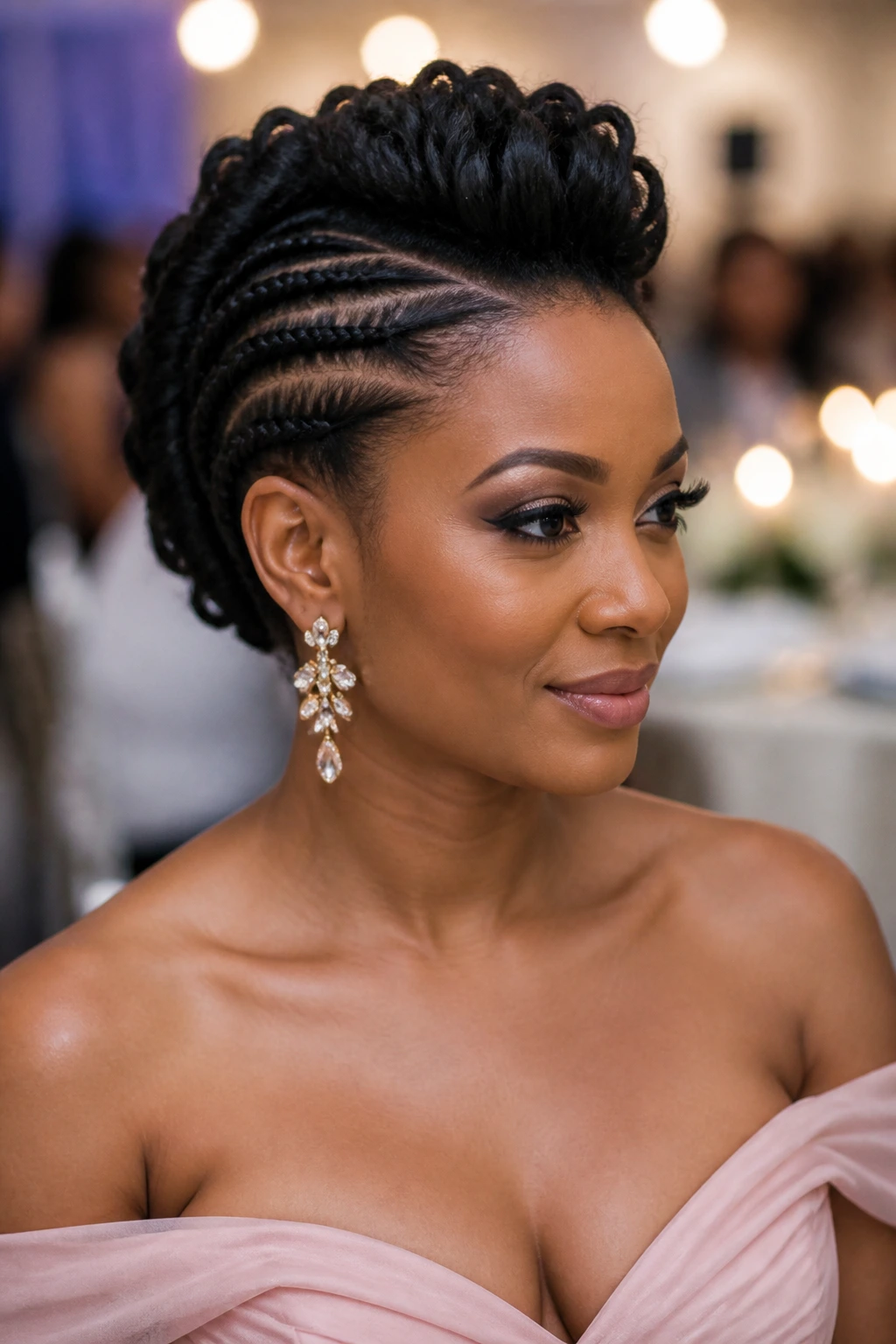 Close-up of a real woman's wedding guest faux hawk with soft braids and polished finish