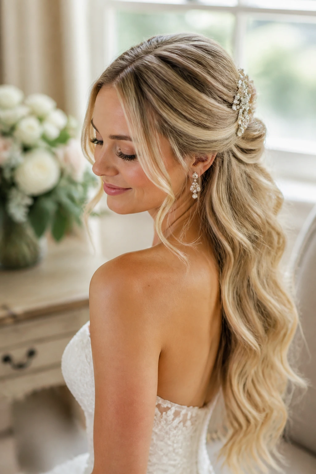 Close-up portrait of a real bride with structured long wedding hairstyle
