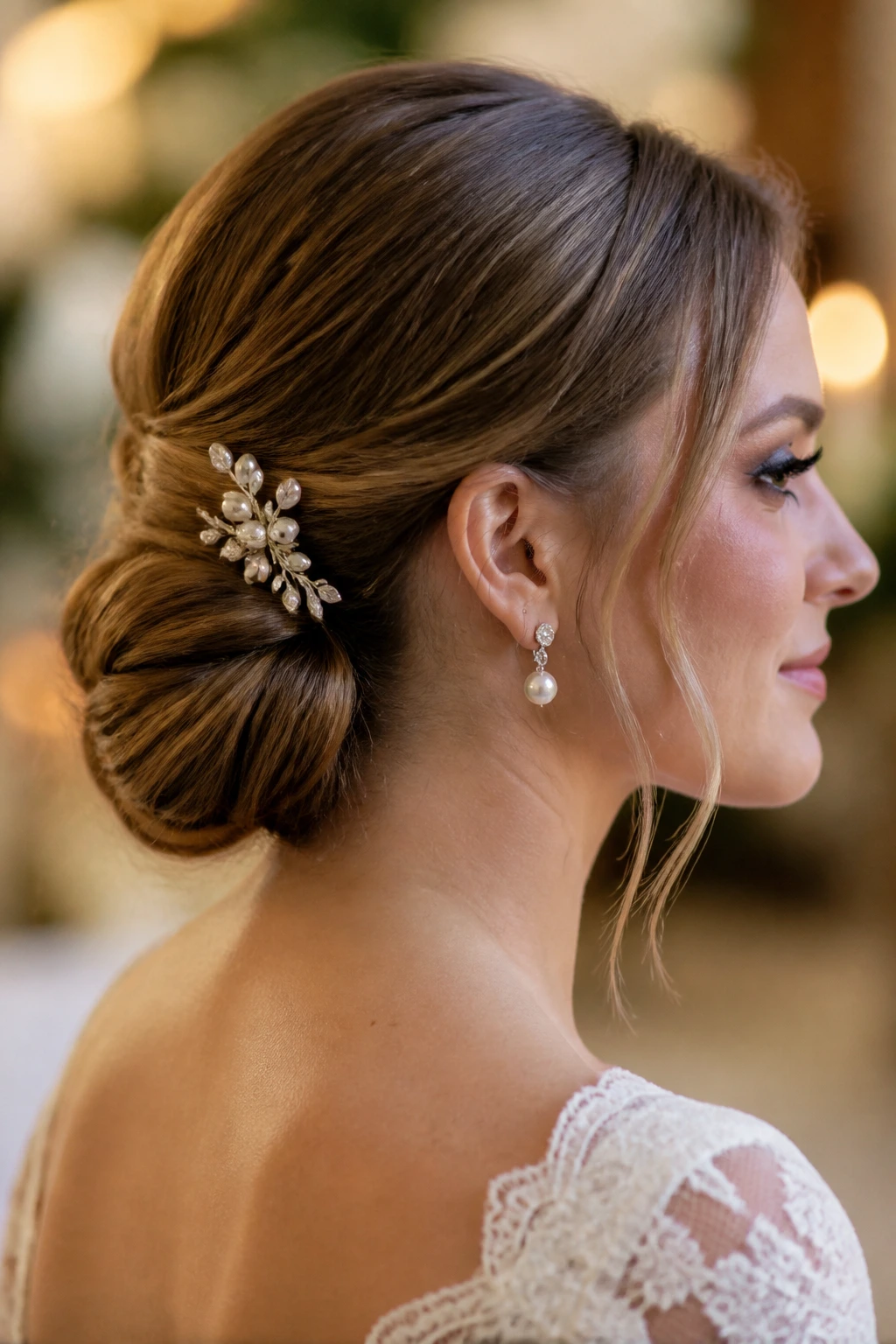 Bride with a polished wedding-ready low bun and decorative pin