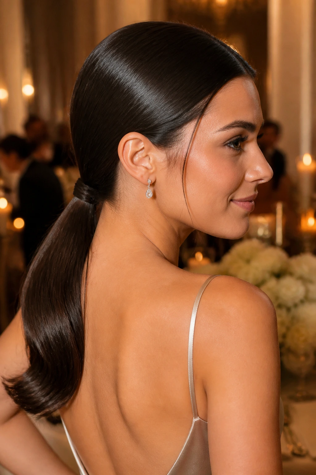 Close-up of a real woman with a smooth low ponytail at the nape for a wedding guest look