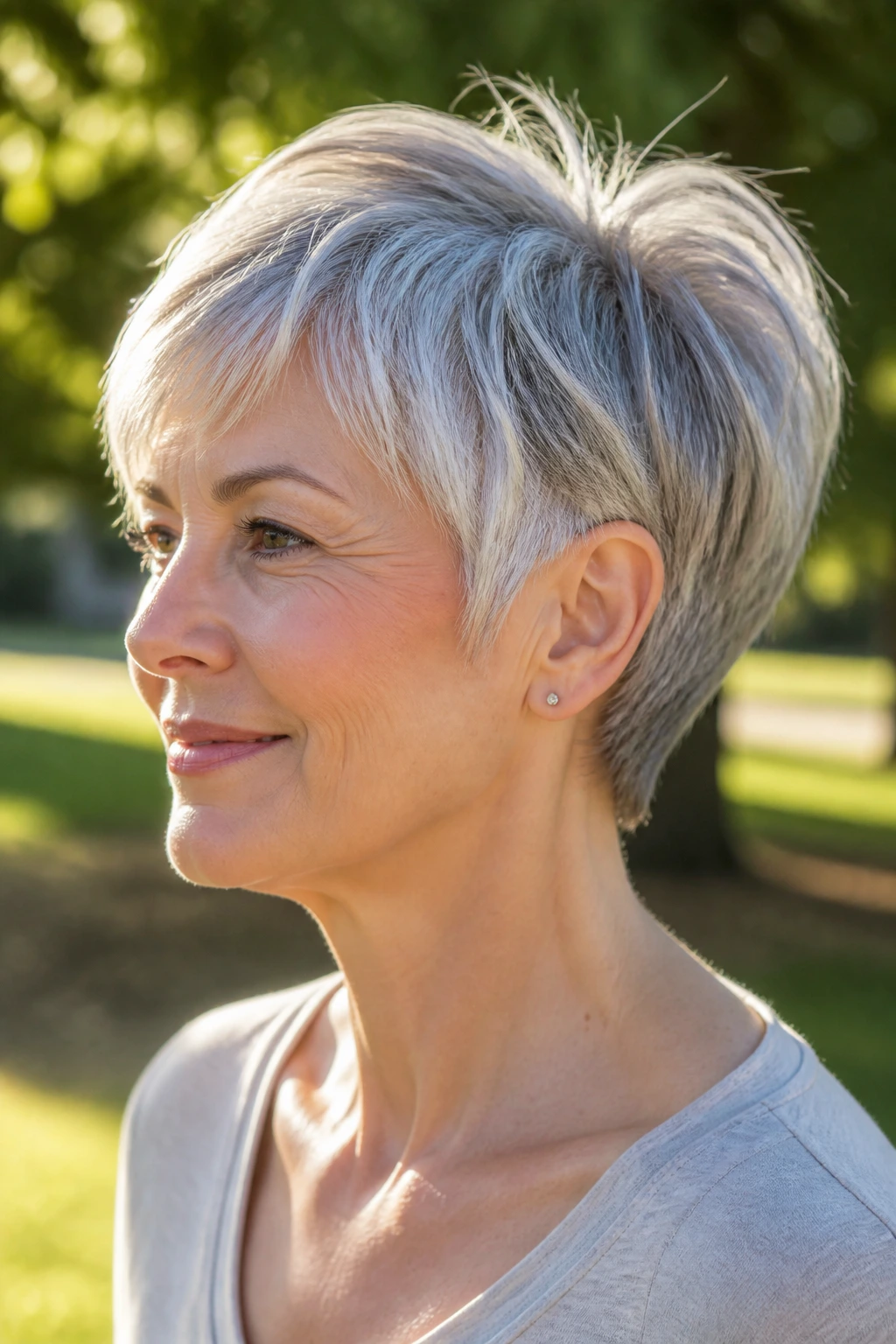 Close-up of a real woman with wedge-back pixie and built-in lift.