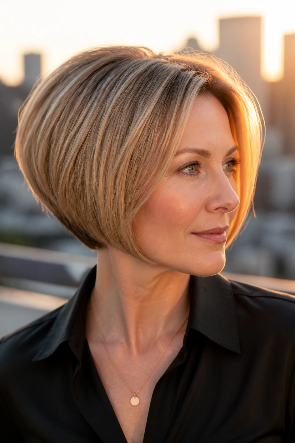 Close-up portrait of a real woman with a wedge bob.
