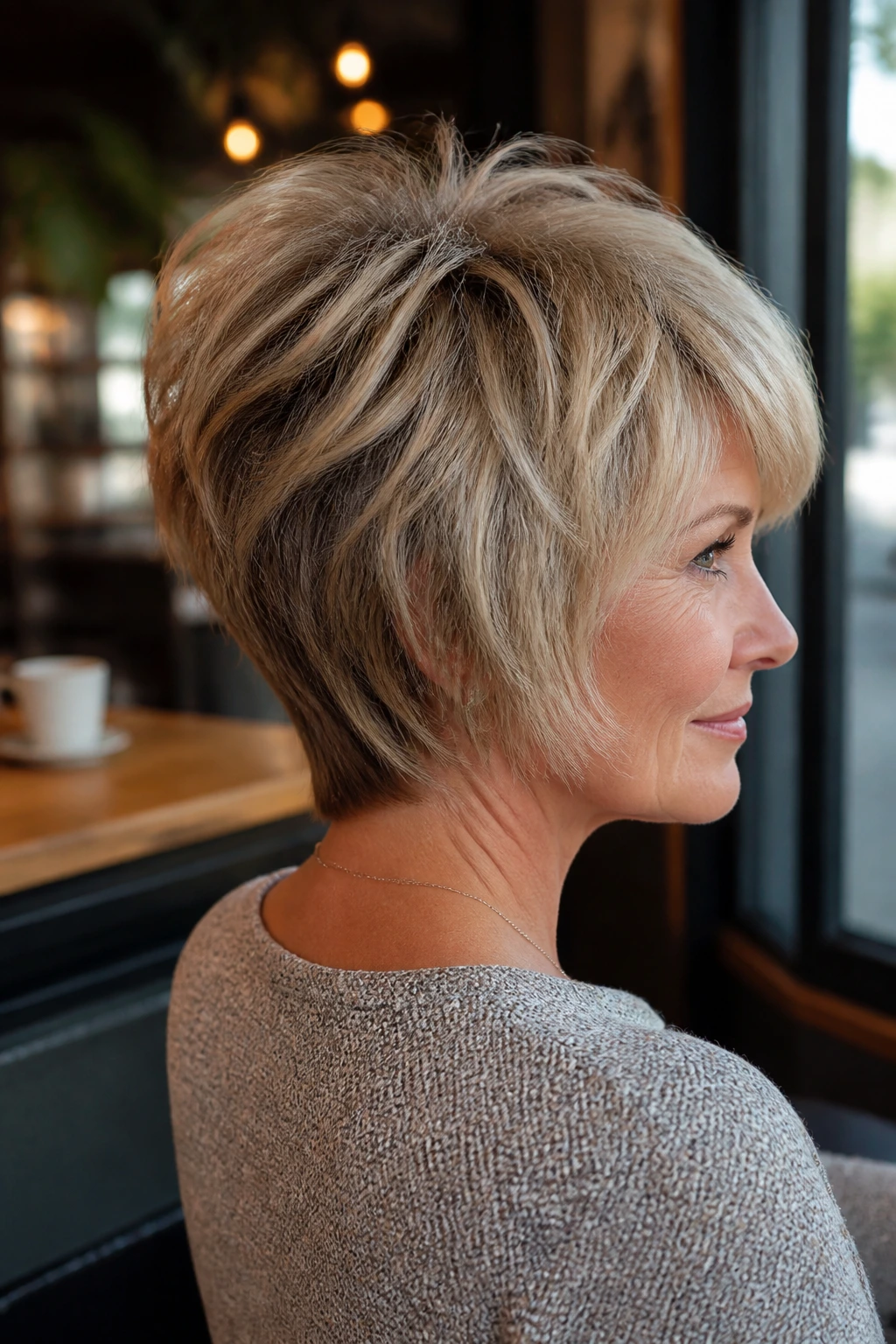 Real person wearing wedge bob with choppy crown layers, portrait shot