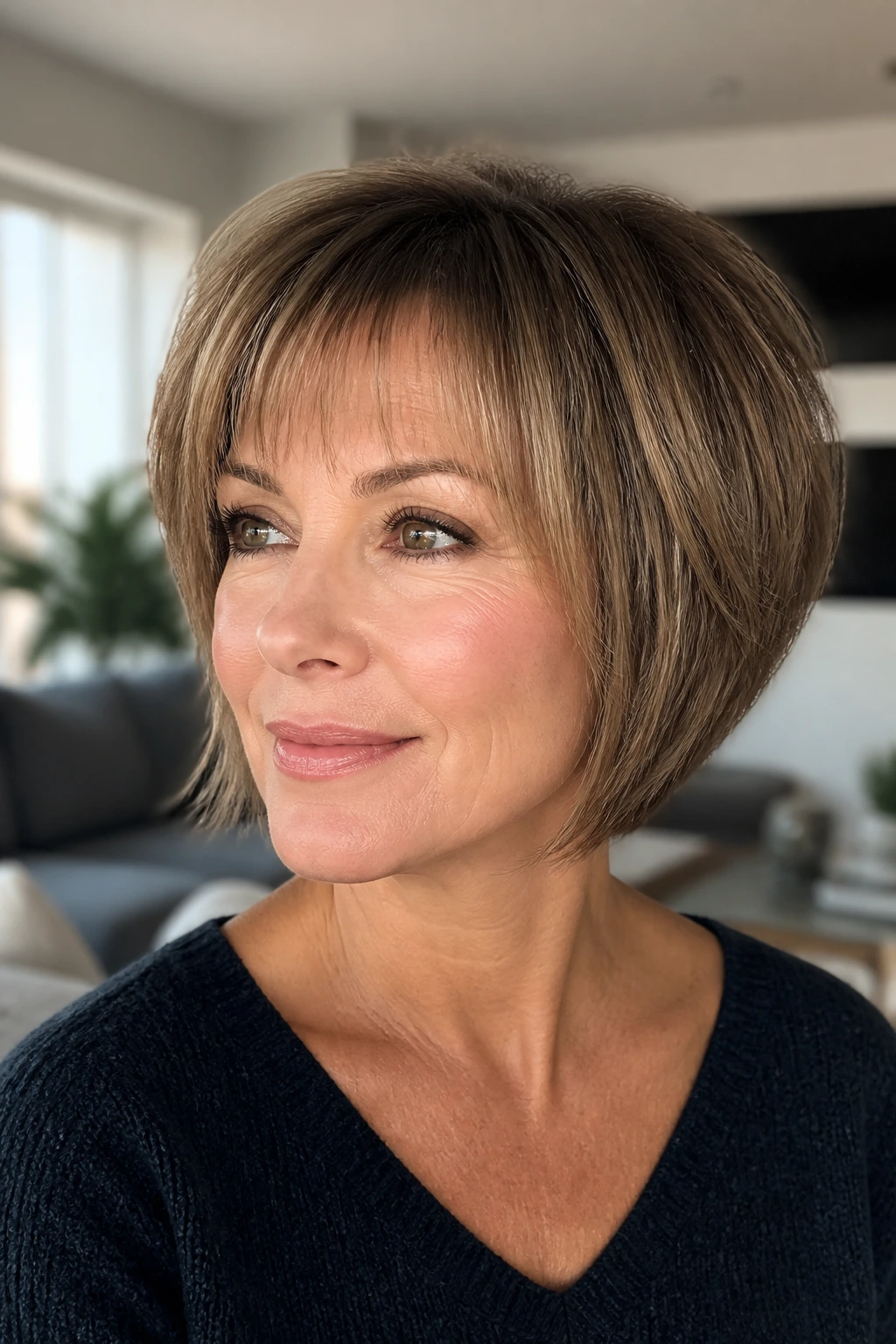 Portrait of a real woman with wedge bob and feather-light fringe in soft daylight