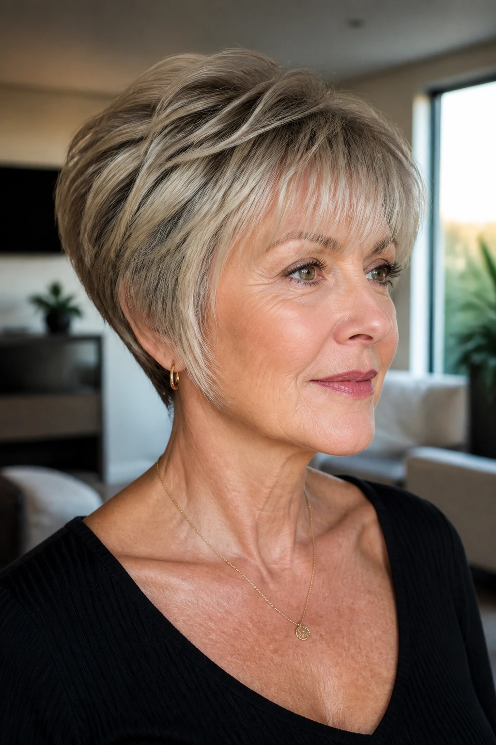 Real woman with wedge bob and feathered bangs in soft light