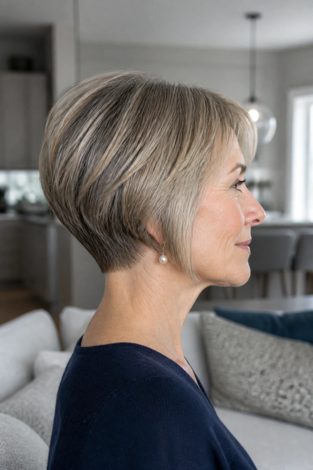 Side-profile of real woman with wedge bob silhouette
