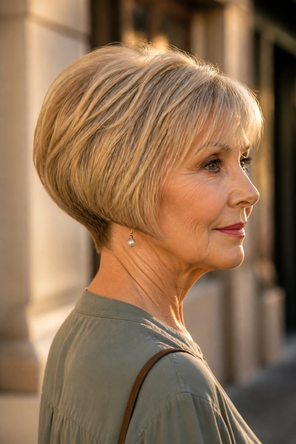 Close-up portrait of a real woman with a wedge bob at golden hour