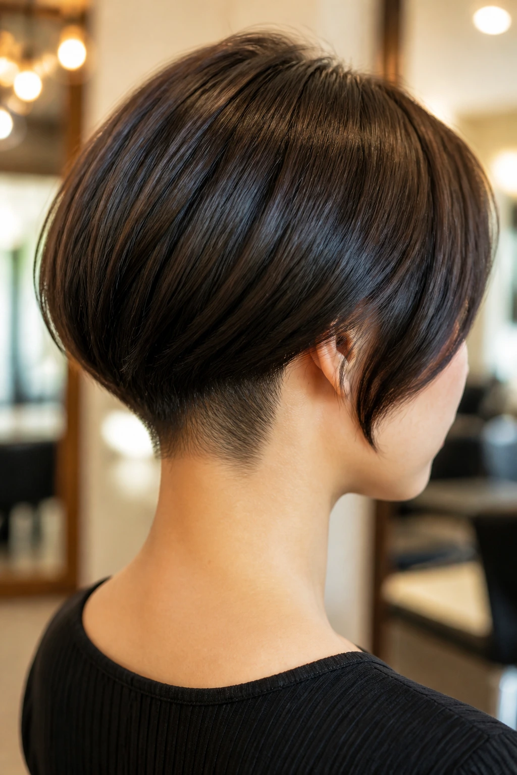 Close-up profile of a real woman with wedge bob and hidden undercut