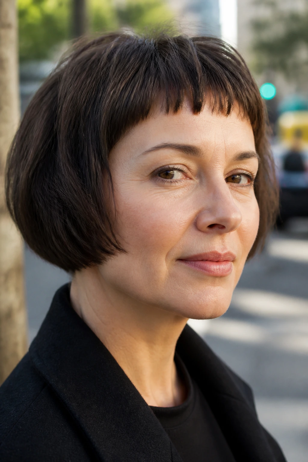 Close-up portrait of a real woman with wedge bob and choppy micro fringe in outdoor morning light