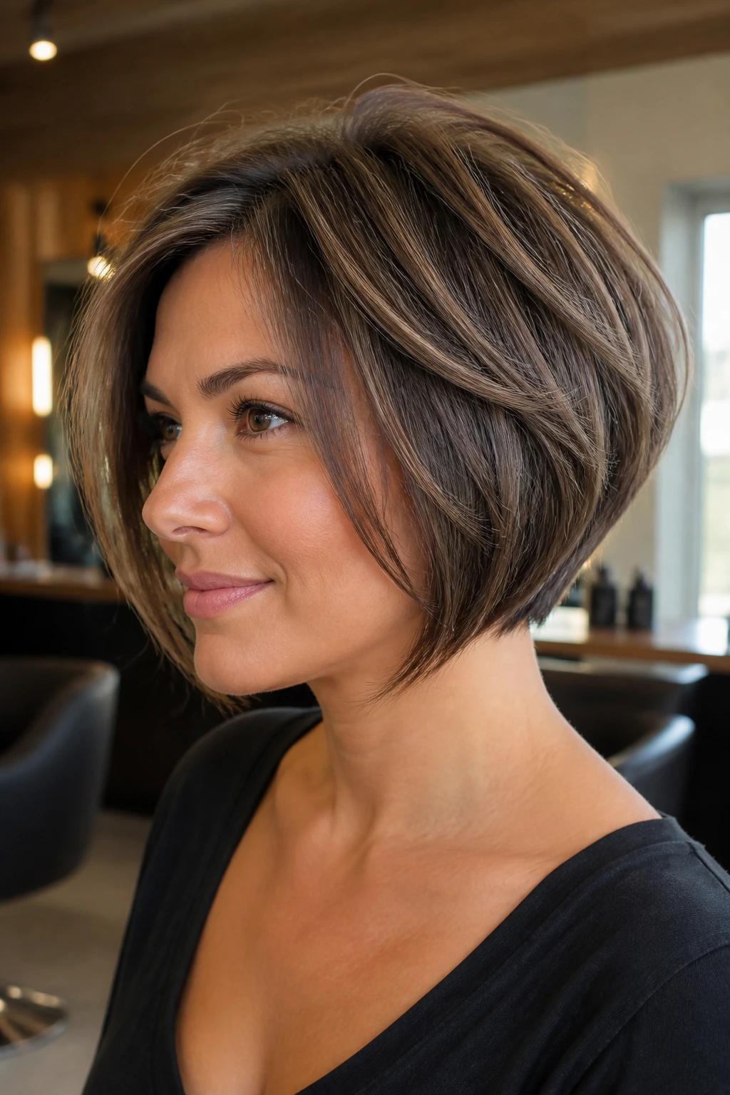 Close-up wedge-style bob with modern texture on a real woman in a chic salon