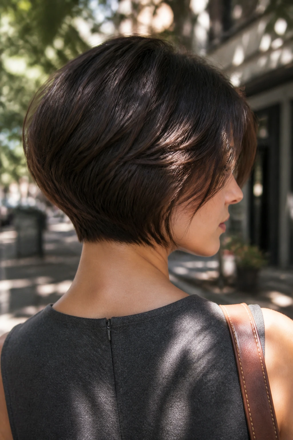 Portrait of a real person with a wedge bob and stacked back