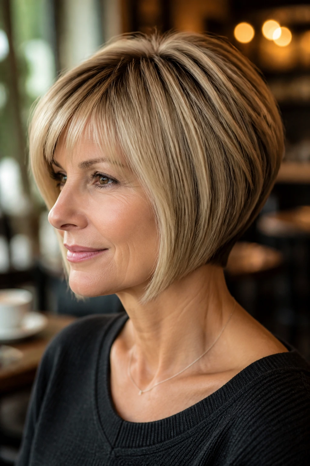 Portrait of real woman with wedge bob showing stacked crown