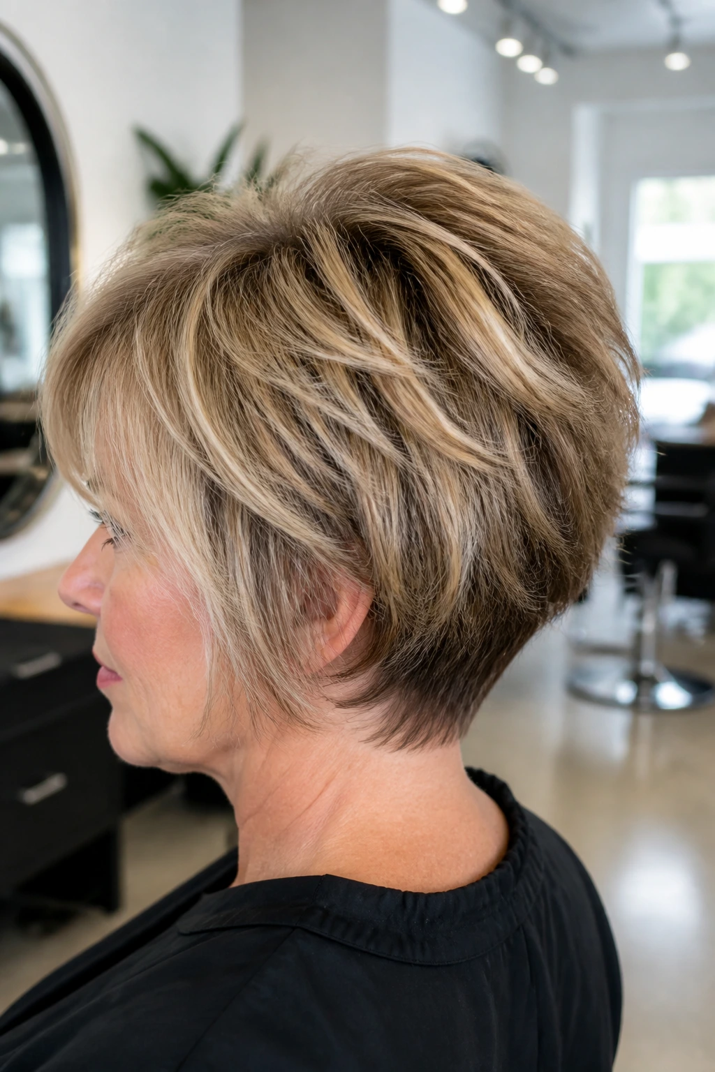 Portrait of a real person with a wedge hairstyle featuring choppy crown layers in a salon