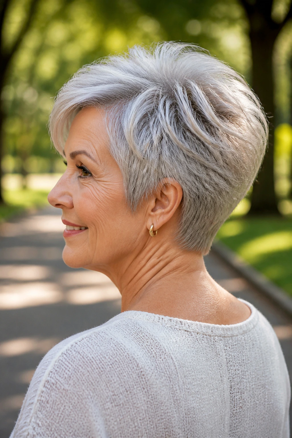Portrait of a 60+ woman with a wedge cut and back lift in natural park light