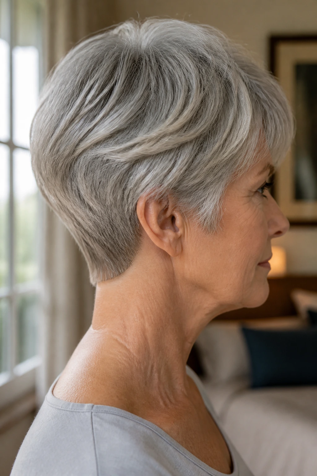 Side-profile of a real woman with a short wedge cut and clean nape