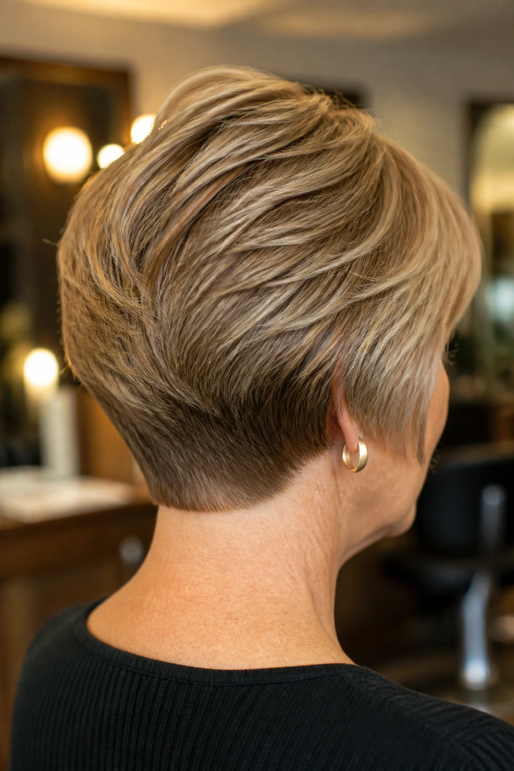 Close-up of real person with wedge cut showing stacked nape and crisp silhouette