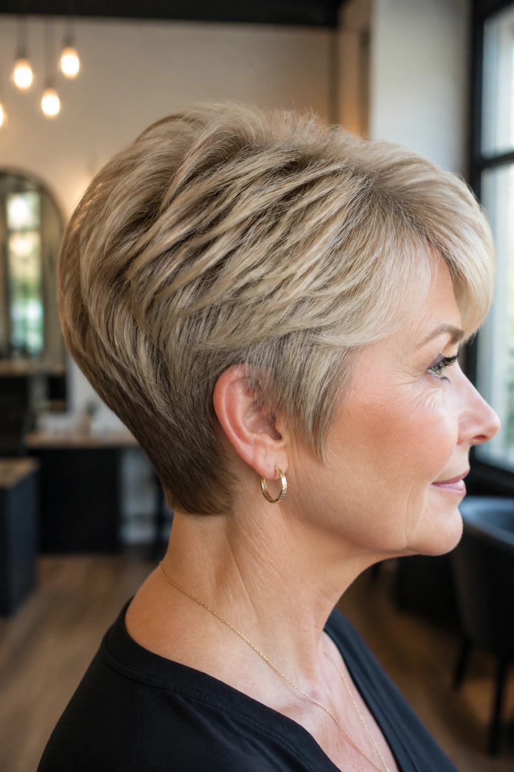 Close-up of a real woman with a short wedge cut and crown lift