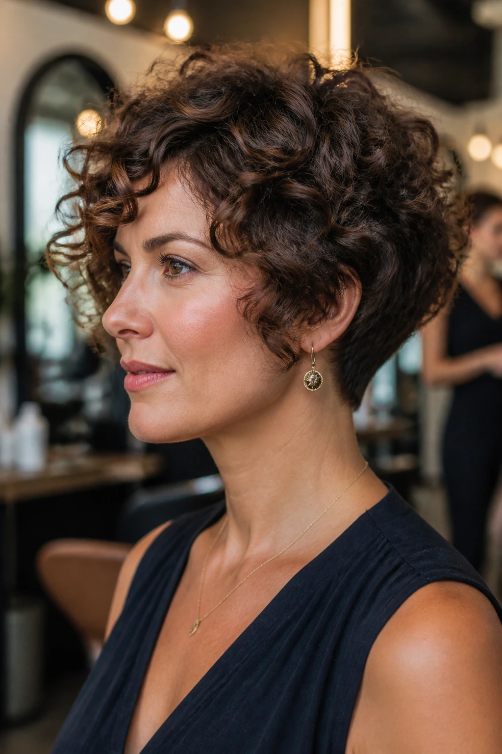 Close-up portrait of a real woman with a wedge cut for curls and a clean back line on a diamond face