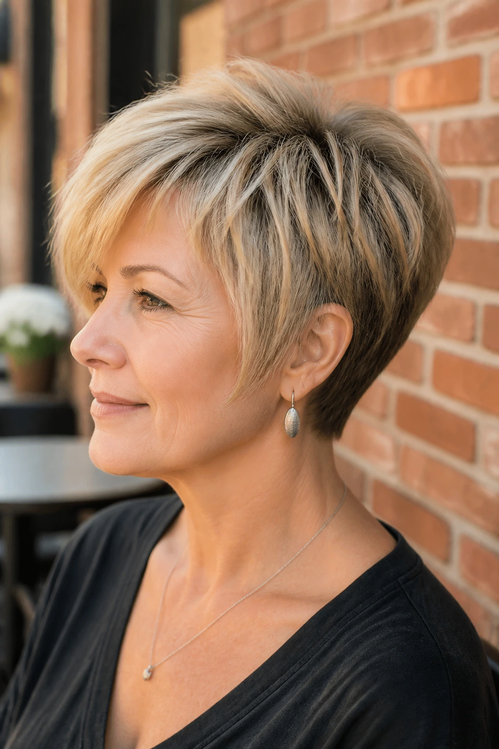Close-up portrait of a real person with a modern wedge cut.