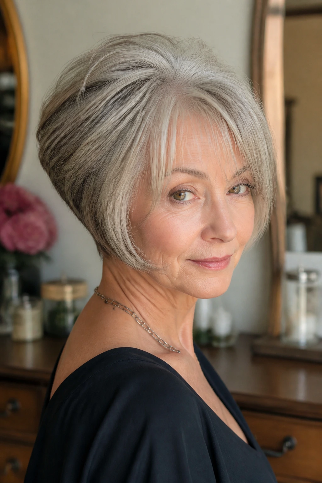 Portrait of a real woman with wedge cut showing crown volume and front framing