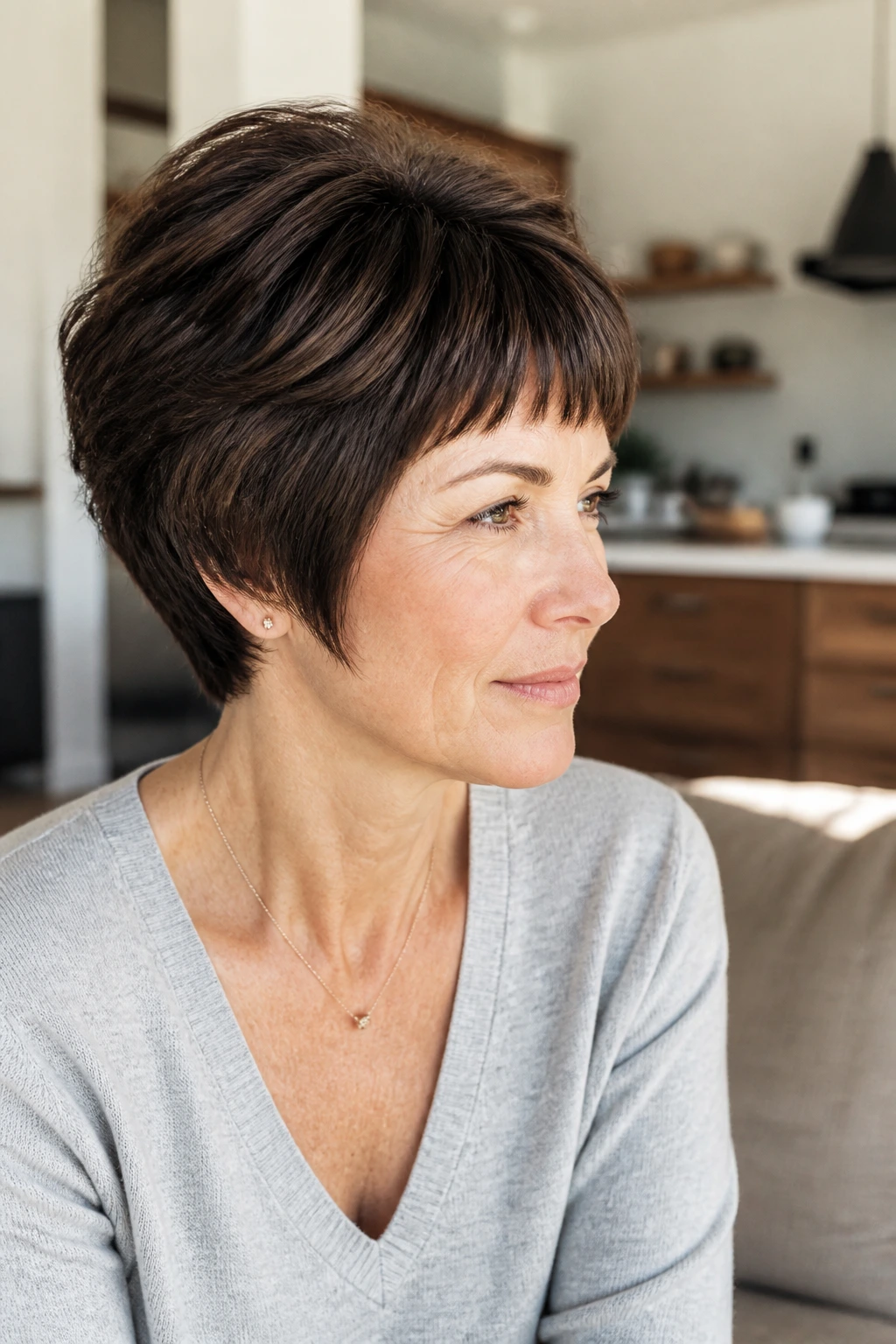 Real woman with wedge cut and short bangs in a warm interior.