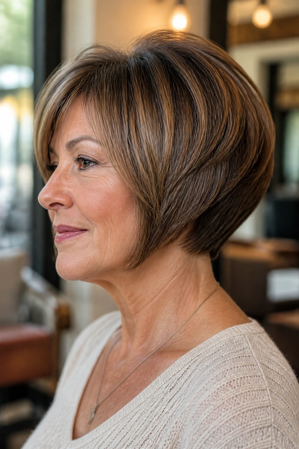 Close-up portrait of a woman with a wedge cut featuring a rounded back in a warm salon.