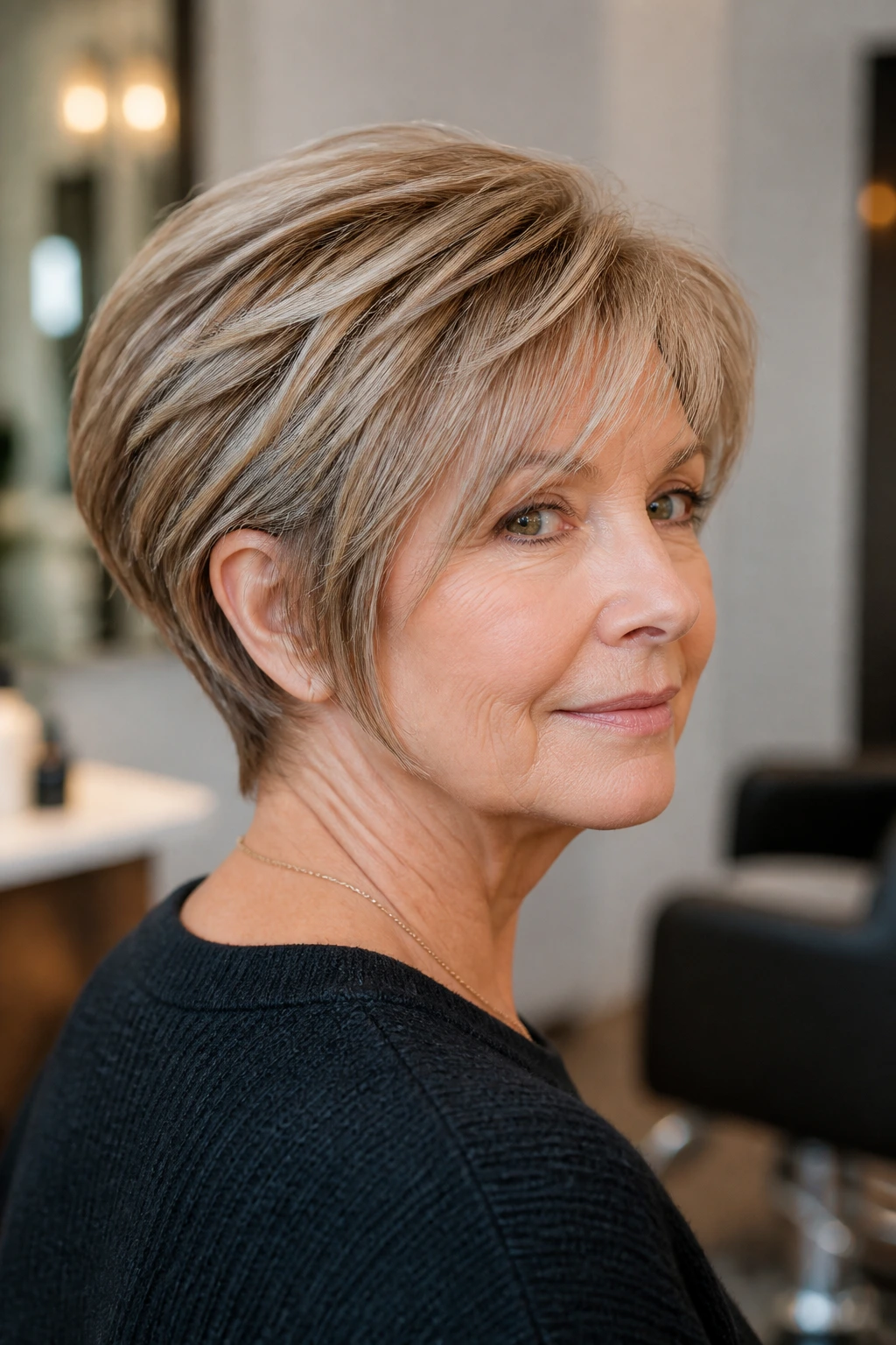 Portrait of a woman with wedge cut showing back fullness and neck taper