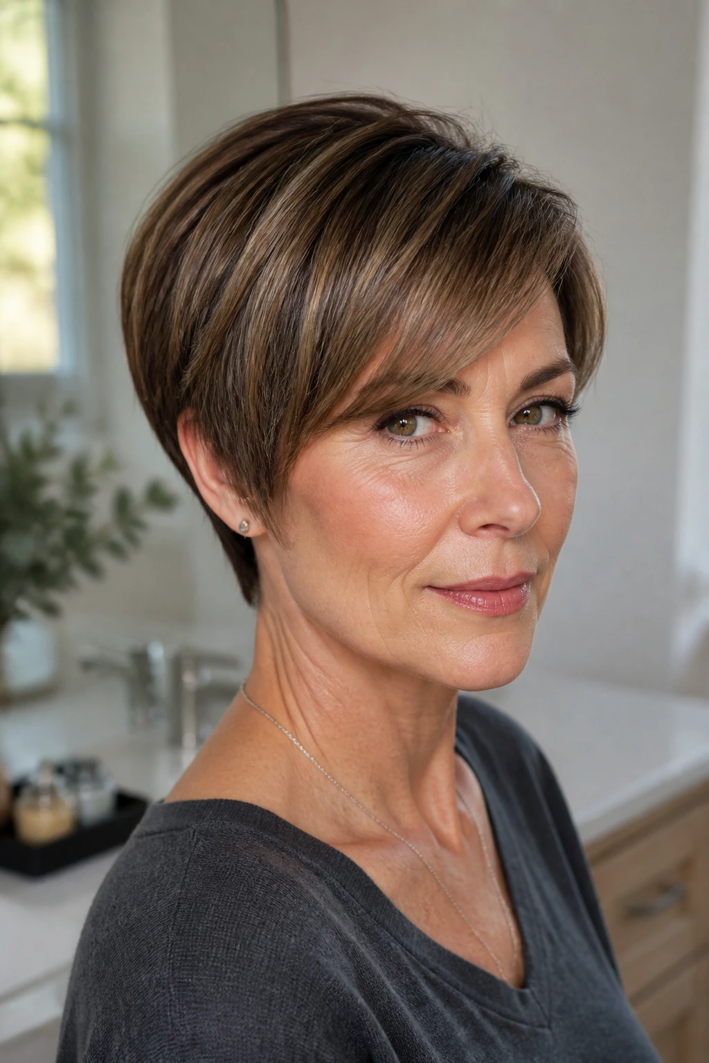 Close-up of a real woman with wedge cut and side bang