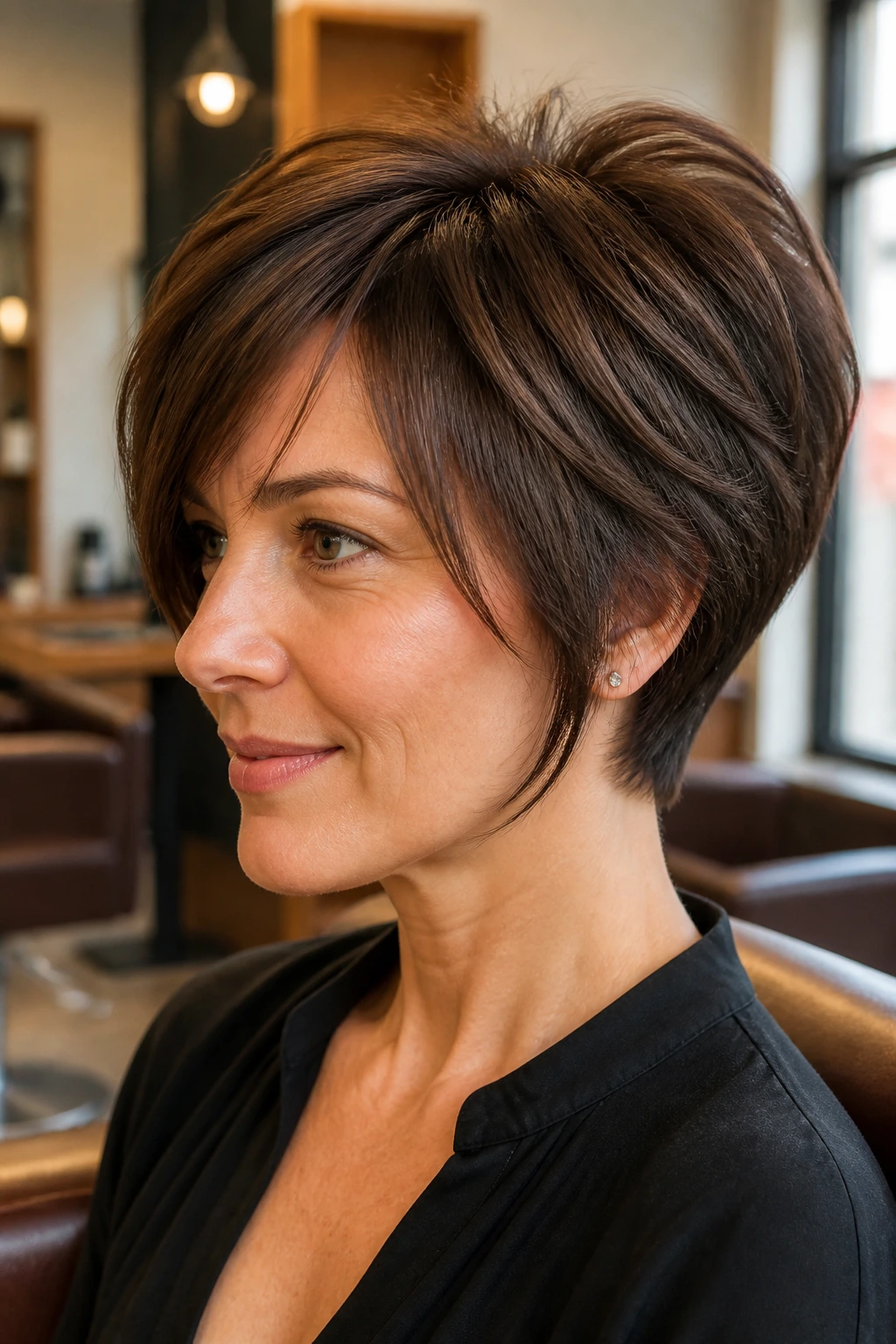 Close-up portrait of a real woman with a wedge cut and side fringe in a warm salon