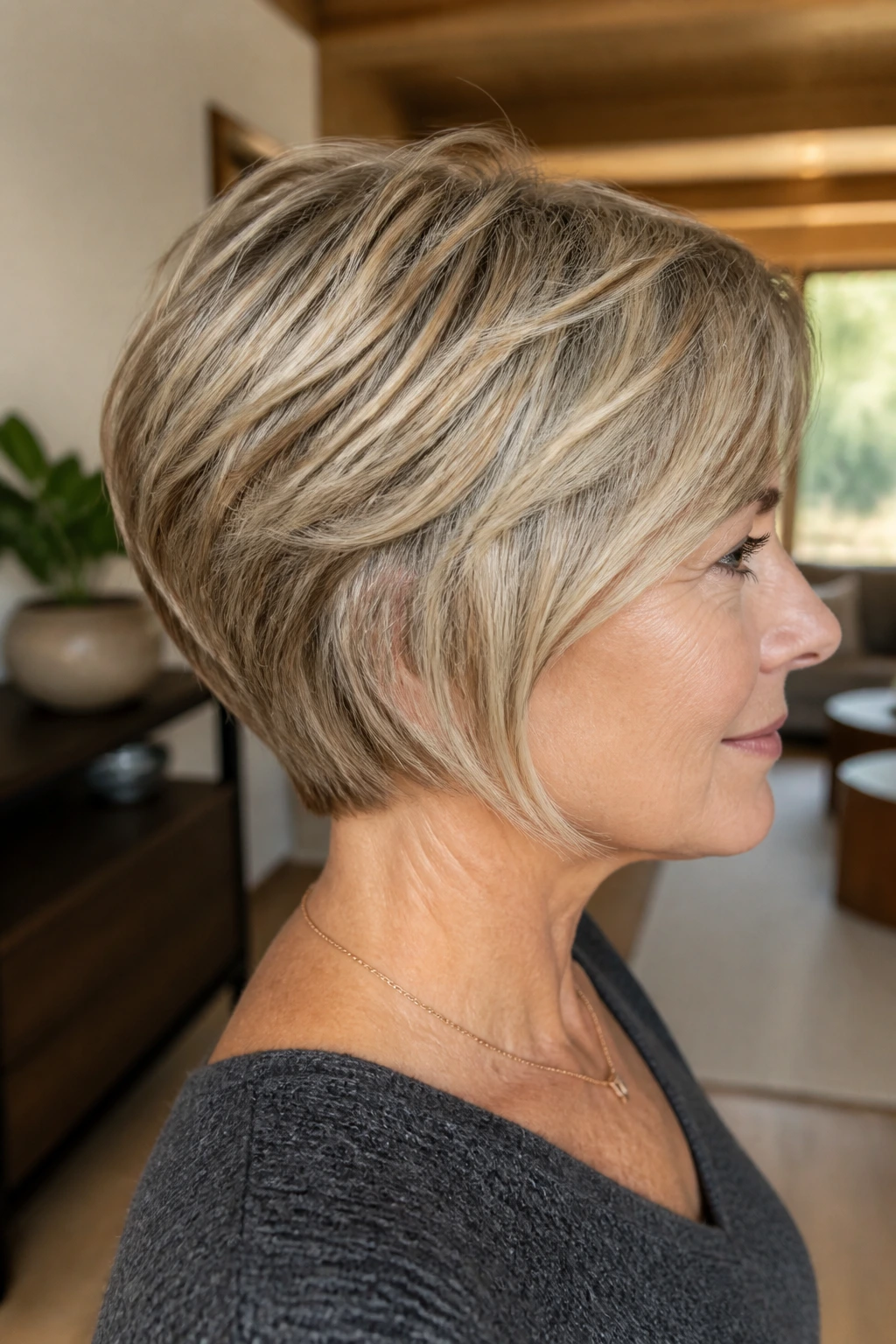 Close-up of a real woman with a modern soft wedge cut in warm living room light