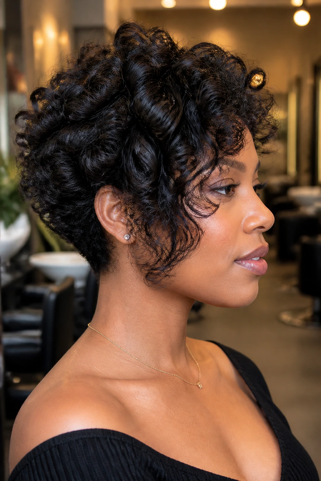 Close-up of a real woman with a soft-nape wedge haircut.