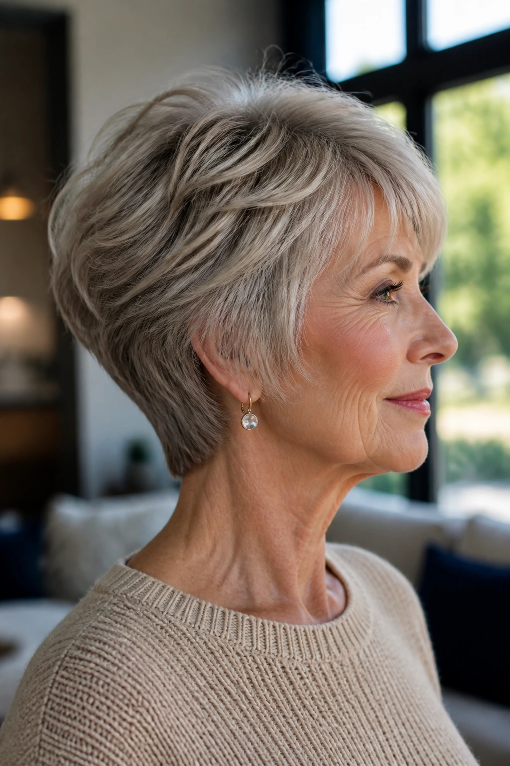 Close-up of a real woman with a wedge cut and soft stacking in a bright living room.